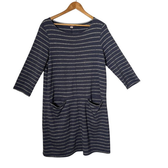 Garnet Hill Zinni Dress Womens L Blue Gray‎ Striped Pockets Knit Preppy Nautical - Picture 1 of 9